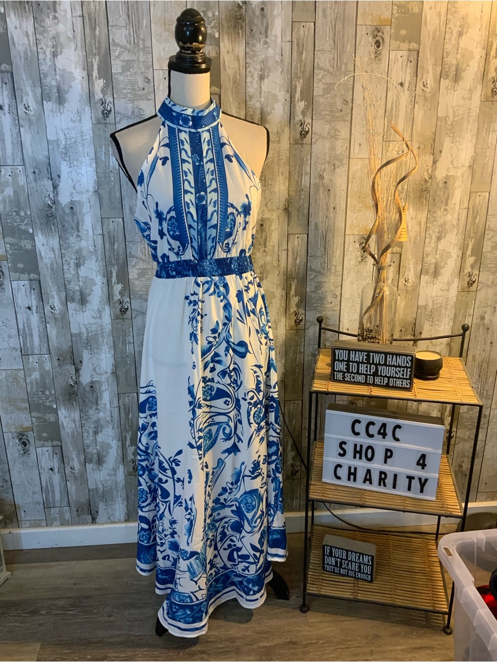 Unk Blue and White Halter-Style Maxi Dress